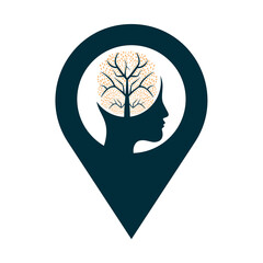 Female head with  brain tree logo concept. Organic brain  tree mind concept design.