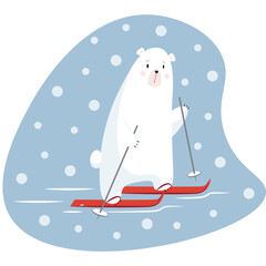 A polar bear runs on red cross-country skiing against the background of falling snow in a flat style. Animal logo or banner. Baby winter holidays greeting card.