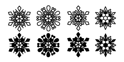 Set of snowflakes. Black flat icons isolated on white background.