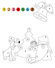 Christmas coloring page. Coloring book with numbers for children. Santa claus, christmas tree, bell and dog with bones. Isolated on white background.