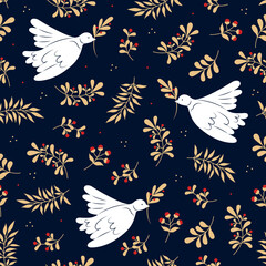 Vector seamless pattern with birds, floral ornament and berries. Doves of peace. For textiles, clothing, bed linen.