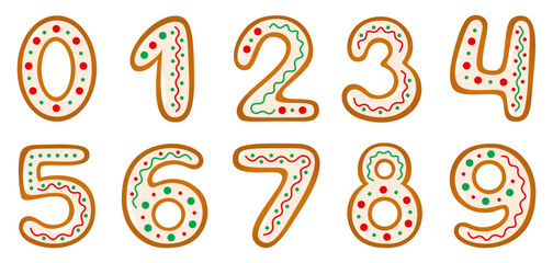 Numbers from 0 to 9 in gingerbread cookies style with colorful icing. Food or Christmas and winter holiday theme.