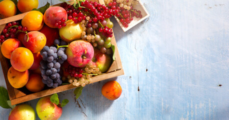 Fresh farm fruits in a wooden box. Apples, berries, grapes, apricots. View from above. Free space for your text.