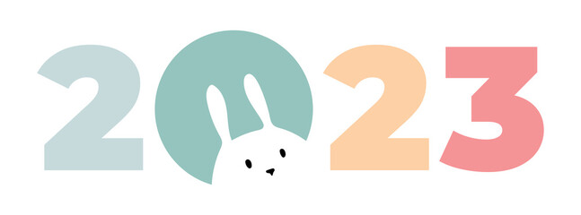 Vector multicolor calendar date 2023 and hare for poster, brochure, banner, card. Rabbit peeking out of number 0 isolated on white background. Happy new year 2023 with a bunny
