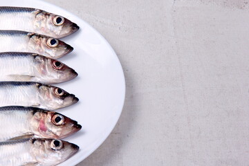 Several small silver fish, herrings with heads together on a white plate