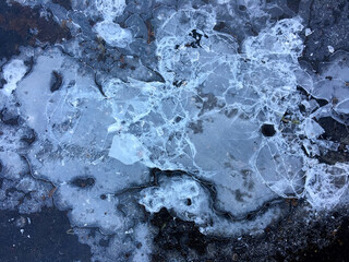Cracked ice on frozen sidewalk