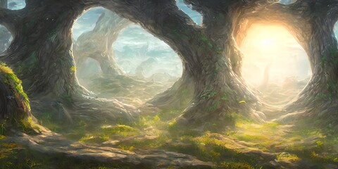 Large tree base, fabulous landscape. Illustration.