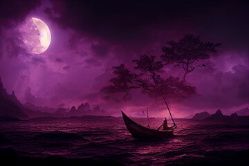 boat on the sea, dark purple night