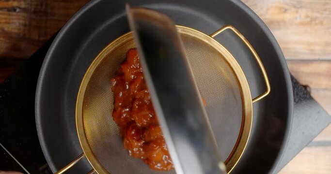 Flat lay food: making the hot sauce with plums and cinnamon, 4k