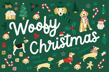 vector woofy cute winter Christmas dogs elements clip art images bundle illustrations dachshund beagle golden retriever labrador paws Santa Claus on green background