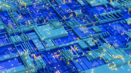 Blue motherboard closeup. Circuit board. Technology wallpaper 3d illustration