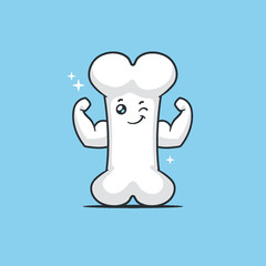 Bone mascot character flexing muscles kawaii vector cartoon illustration