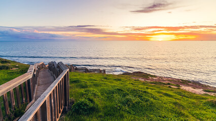 Hallett Cove boardwalk at sunset viewed from the lookout, South Australia