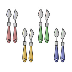 A set of colored icons, metal palette knives with different handles, a set for the artist, vector cartoon