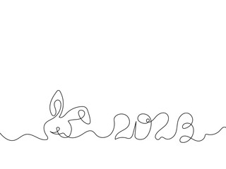 Rabbit, hare line art and inscription 2023. Symbol 2023. Contour handwork with one line in a minimalist style