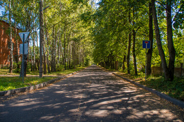 Obraz premium Asphalt road in a small town in Eastern Europe. Road in summer between trees.