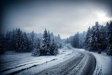 Obraz premium snow road with trees. Winter season Illustration. Cold weather. Asphalt and forest. 3D image