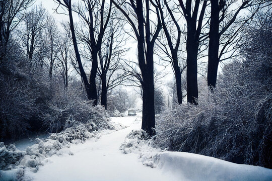 snow road with trees. Winter season Illustration. Cold weather. Asphalt and forest. 3D image