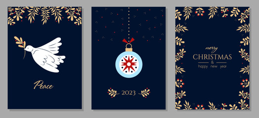 Obraz na płótnie Canvas Set of christmas and happy new year greeting cards. Modern creative universal artistic templates with Christmas ball, Dove, floral ornament and frames. Vector illustration.