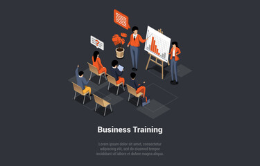 Business Training Concept. Coach Speaking Before Audience. Mentor Presents Charts and Reports, Employees meeting at Business Training, Seminar or Conference. Isometric 3d Cartoon Vector Illustration