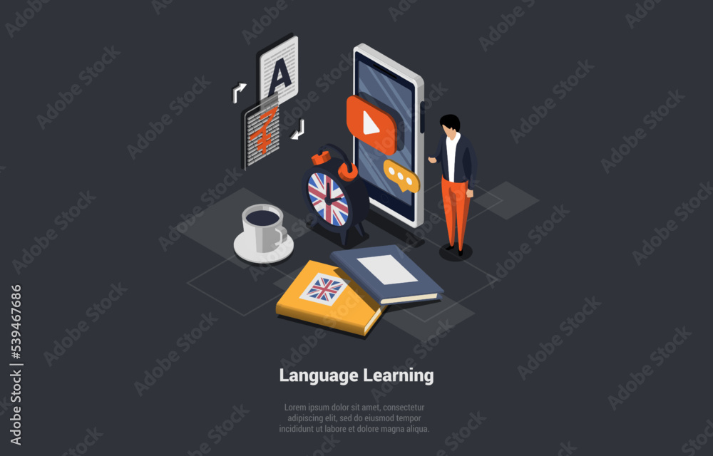Poster language learning concept. multilingual language translators app, male character learning foreign la