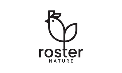 leaf with chicken logo, rooster line style vector design.
