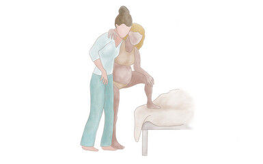assistant helps a pregnant woman relieve labor pains