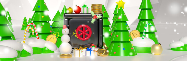 Narrow background on the topic of banking and savings in holidays. Festive banner with safe box, Christmas trees and snow.