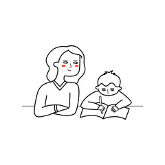 Mom and son doing homework. Home education concept.
