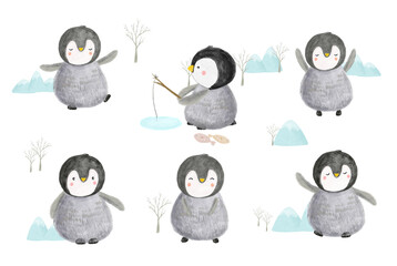 Watercolor penguin. Cute penguins set isolated on white background, funny winter animals. Cute doodle penguins set for Christmas day with.watercolor illustration. Arctic animal illustration for kids. 