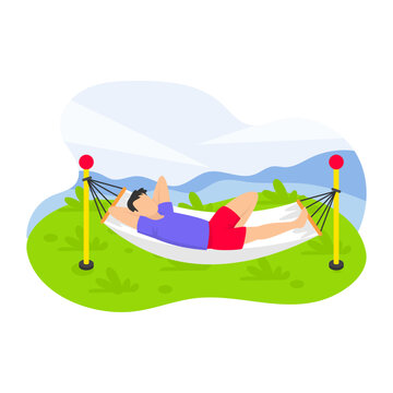 Man lying in a hammock Concept, Hammock suspended between trees at camping vector icon design, Outdoor weekend Activity symbol, Tourist Holidays Scene Sign, Happy people at Vacation stock illustration