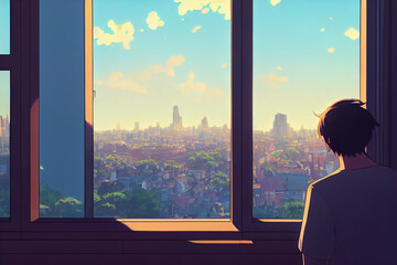 Fototapeta premium Anime man looking at the city from the window. Manga cartoon drawing of character watching at the town. Lofi inspired digital artwork. Moment of love. Small emotions. Happy male character.