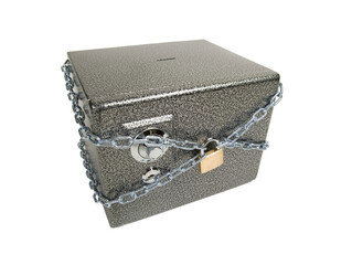 Closed safe, wrapped in chain with padlock, PNG isolated on transparent background. Keeping the money safe concept
