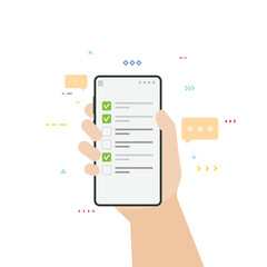To-do app on phone with checklist and done checkmarks. Check marks and done symbol. Hand holding smartphone with todo app. Flat style vector illustration. Phone and list app.