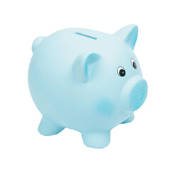 Blue ceramic piggy bank, side view, PNG isolated on transparent background