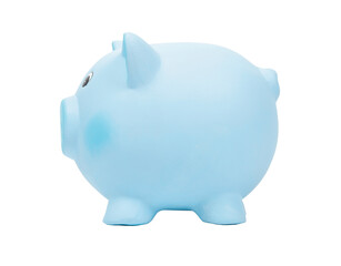 Blue ceramic piggy bank, side view, PNG isolated on transparent background