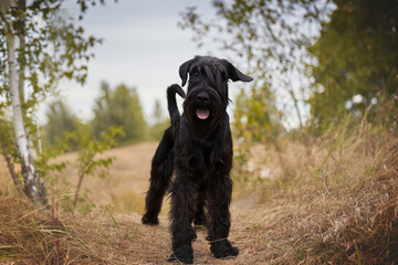 Black standard schnauzer stands in the forest