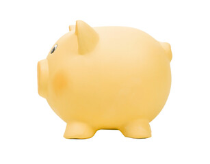 Yellow ceramic piggy bank, side view, PNG isolated on transparent background