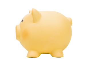 Yellow ceramic piggy bank, side view, PNG isolated on transparent background