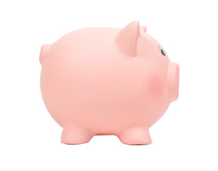 Pink ceramic piggy bank, side view, isolated on white background, PNG isolated on transparent background