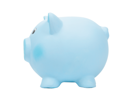 Blue ceramic piggy bank, side view, PNG isolated on transparent background - Powered by Adobe