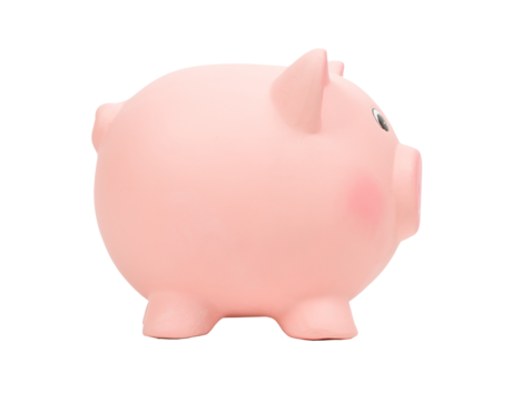 Pink ceramic piggy bank, side view, isolated on white background, PNG isolated on transparent background