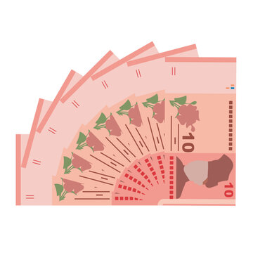 Malaysian Ringgit Vector Illustration. Malaysia money set bundle banknotes. Paper money 10 MYR. Flat style. Isolated on white background. Simple minimal design.