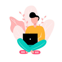 Modern man working with computer. Freelancer, student, online consultant. illustration.