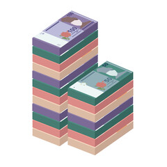 Malaysian Ringgit Vector Illustration. Malaysia money set bundle banknotes. Paper money 10, 50, 100 MYR. Flat style. Isolated on white background. Simple minimal design.
