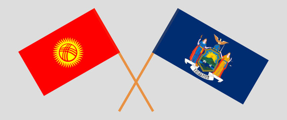Crossed flags of Kyrgyzstan and The State of New York. Official colors. Correct proportion