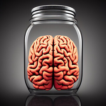 Human brain in a jar. Digital illustration.