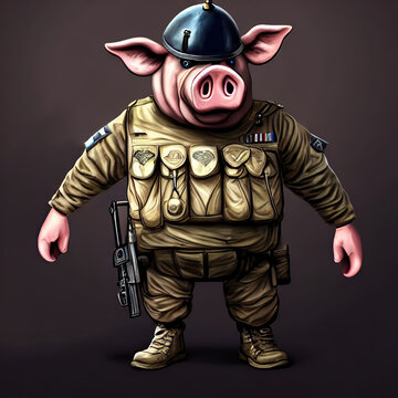 Anthropomorphic pig soldier with weapon. Digital illustration. Concept art.