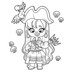 Cute cartoon long haired pirate girl with gold crown in hand and parrot on hat outlined for coloring page on white background