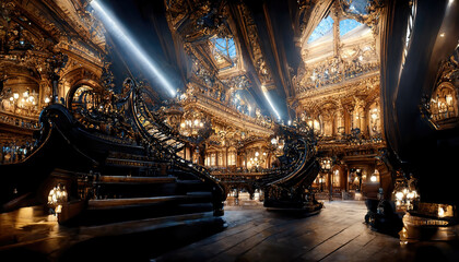AI generated image of a vintage palatial opera hall in Paris with grand ornamental interiors